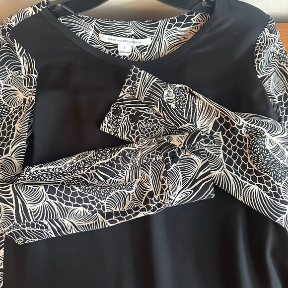 Diane Von Furstenberg black and cream long sleeve 100% silk top. Size 0. - Picture 5 of 11